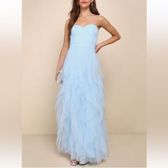 Lulu's Dresses & Skirts - Lulus Delightful Beauty Blue Mesh Strapless Ruched Ruffled Maxi Dress Medium